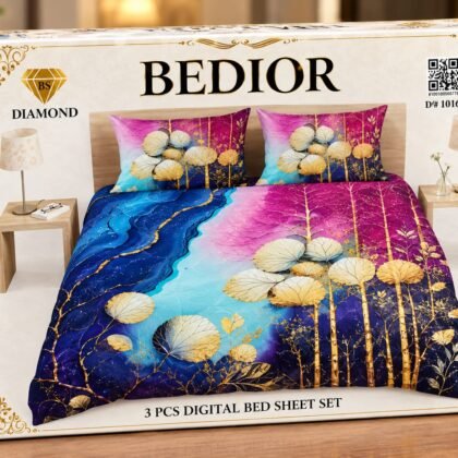 3 Piece 3D Digital Bed Sheet - Blue Marble Leaves (D-10161) - Dream Wear Collection