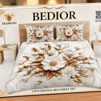 3 Piece 3D Digital Bed Sheet - White Gold Floral (D-10162) - Dream Wear Collection