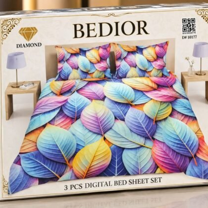 3 Piece 3D Digital Bed Sheet - Rainbow Leaves (D-10177) - Dream Wear Collection