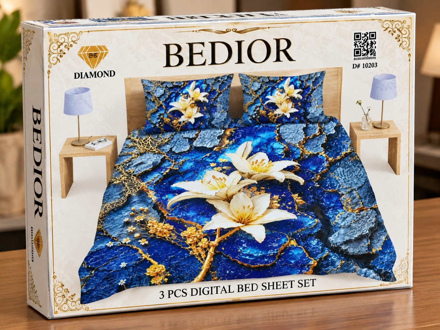 3 Piece 3D Digital Bed Sheet - Midnight Lily (D-10203) - Dream Wear Collection
