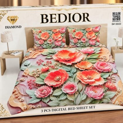 3 Piece 3D Digital Bed Sheet - Coral Poppy (D-10222) - Dream Wear Collection