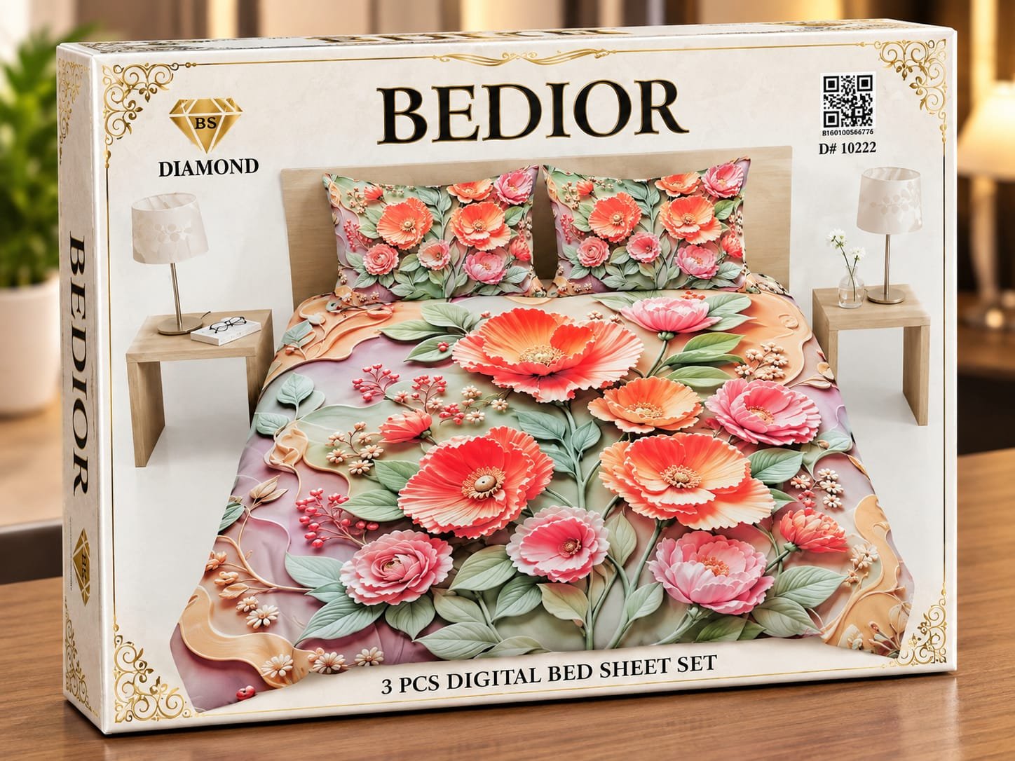 3 Piece 3D Digital Bed Sheet - Coral Poppy (D-10222) - Dream Wear Collection