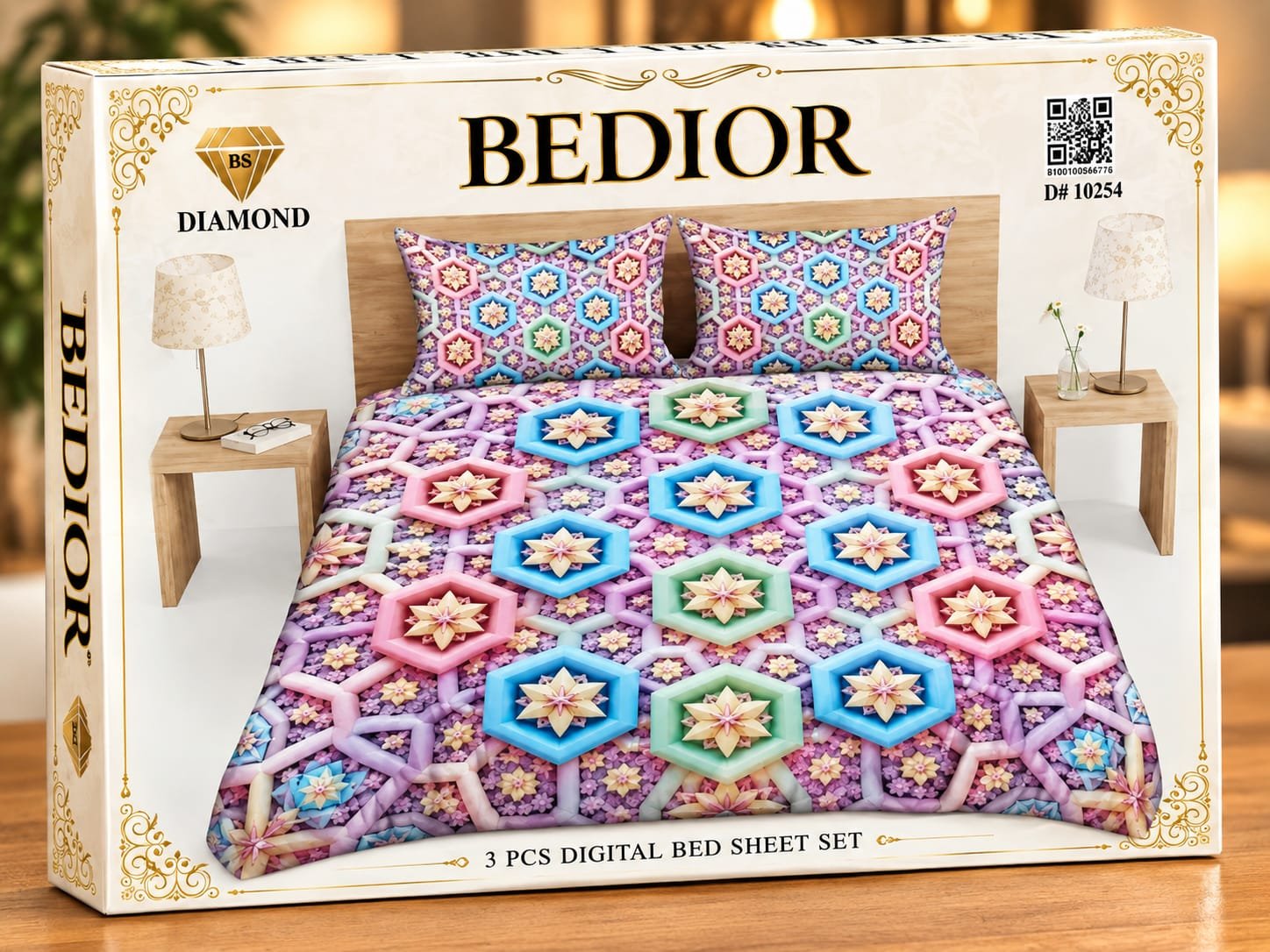 3 Piece 3D Digital Bed Sheet - Pastel Mosaic (D-10254) - Dream Wear Collection