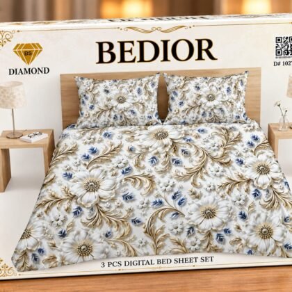 3 Piece 3D Digital Bed Sheet - Pearl Blue Floral (D-10273) - Dream Wear Collection