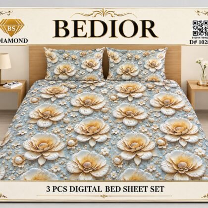 3 Piece 3D Digital Bed Sheet - Royal Beige Floral (D-10285) - Dream Wear Collection