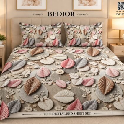 3 Piece 3D Digital Bed Sheet - Blush Leaves (D-10304) - Dream Wear Collection