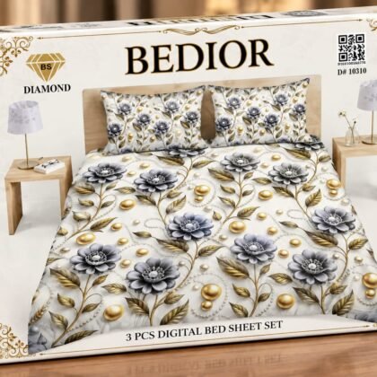 3 Piece 3D Digital Bed Sheet - Silver Blue Bloom (D-10310) - Dream Wear Collection
