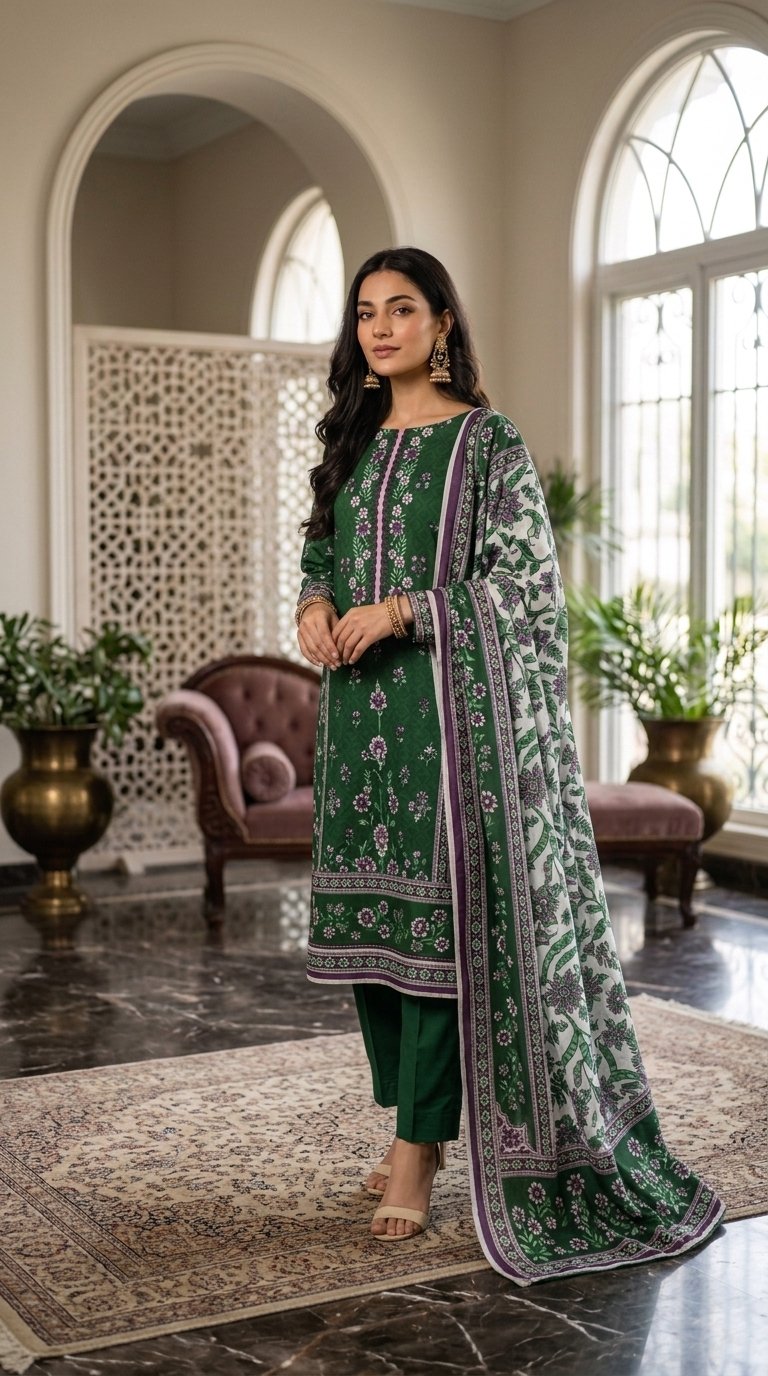 Desire by Motifz Linen 3PC – Emerald Green Floral Suit - Dream Wear Collection