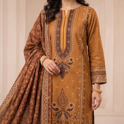 Desire by Motifz Linen 3PC – Mustard Brown Embroidered Suit
